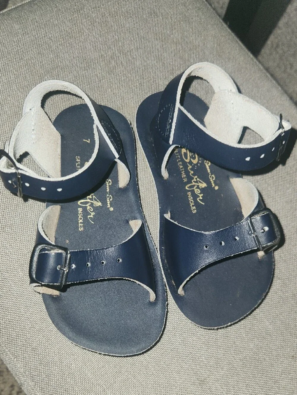 Kids Navy Leather Buckle Sandals